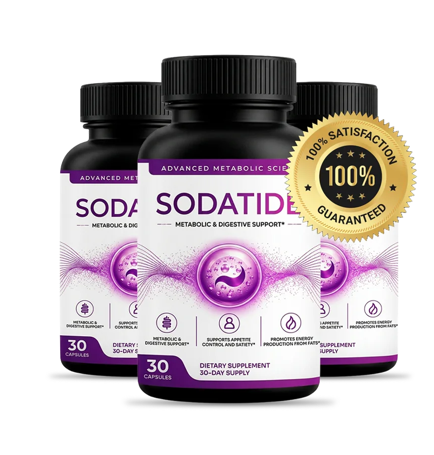 Three bottles of Sodatide with the 100% satisfaction guarantee seal