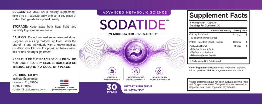 Sodatide label with Supplement Facts panel: chicory root inulin 211 mg, potato resistant starch 100 mg, probiotic blend 36 mg